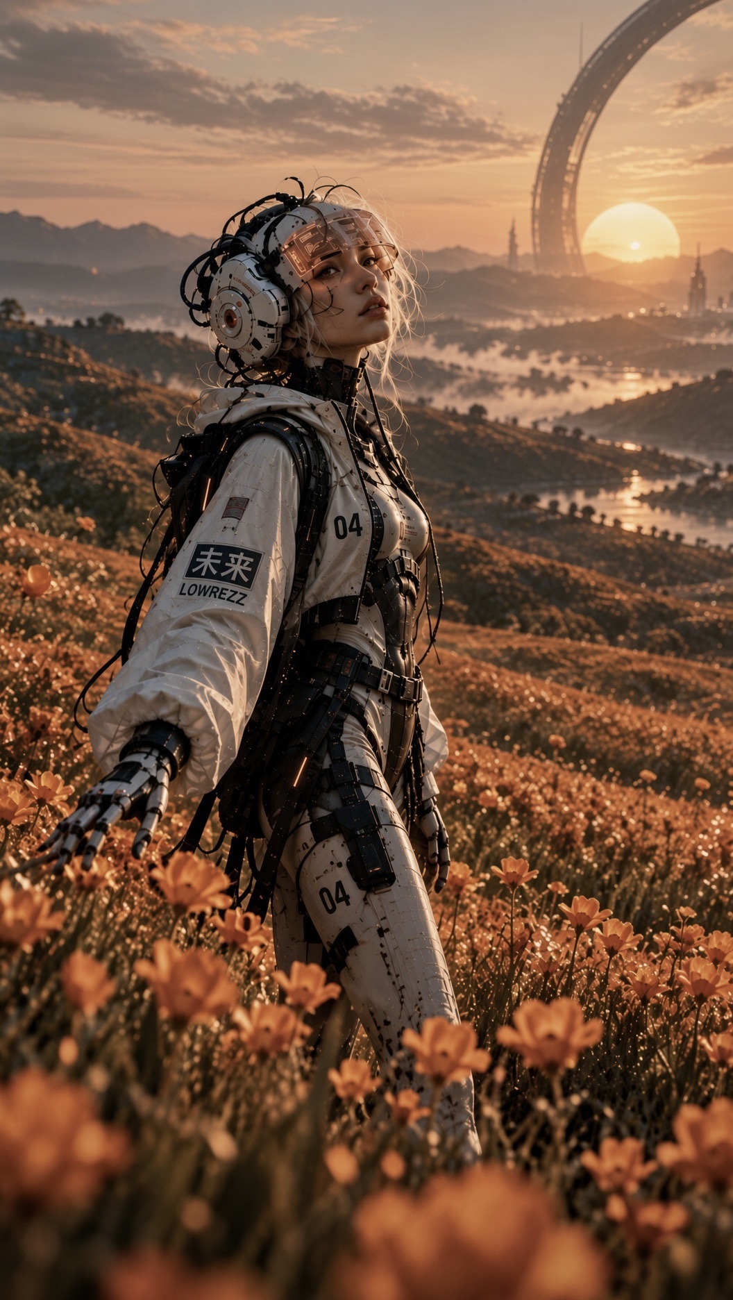 A futuristic LOWREZZ figure standing in a field at sunset